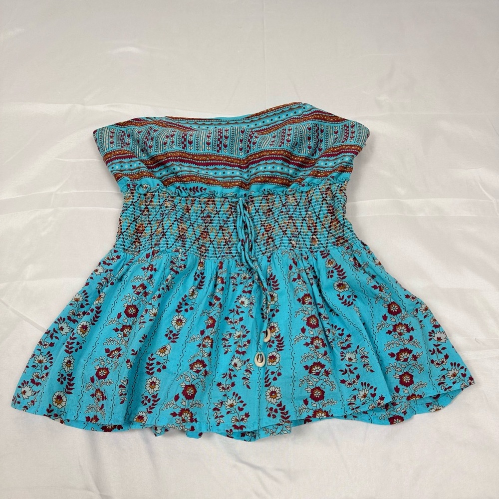 Plenty Tracy Reese Strapless Boho Top Size 4 Turquoise Floral Smocked Peplum